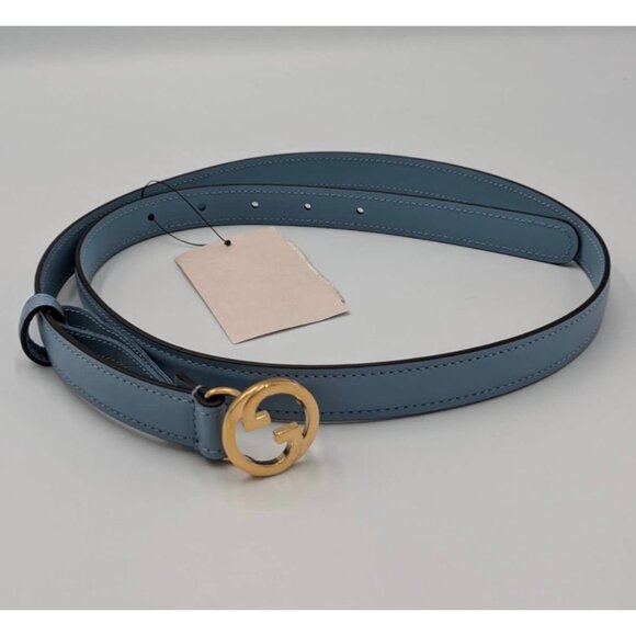 Gucci Women’s Blondie Ciny Interlocking Buckle Leather Belt Cloudy Blue 105cm 72 - Picture 3 of 9